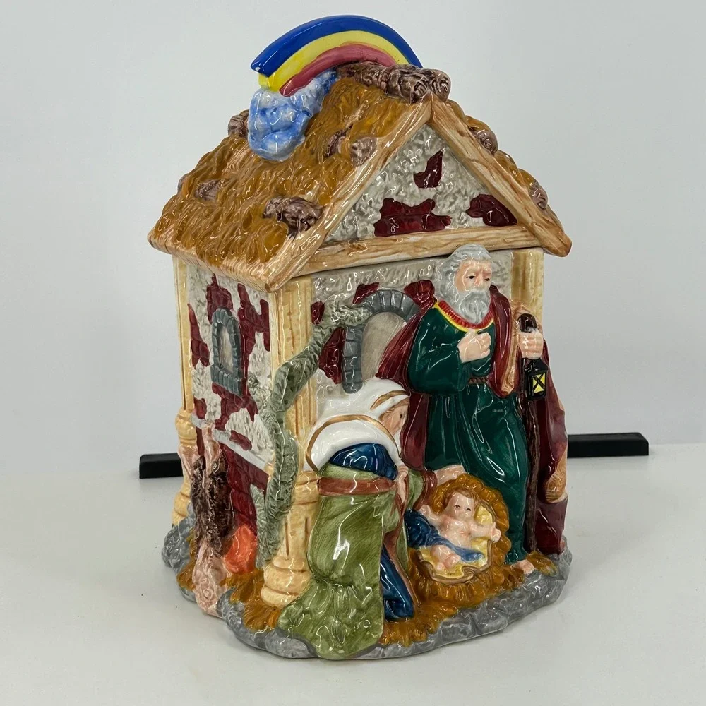 Mercuries Nativity Scene Ceramic Cookie Jar Christmas Holiday Decor Rainbow Star